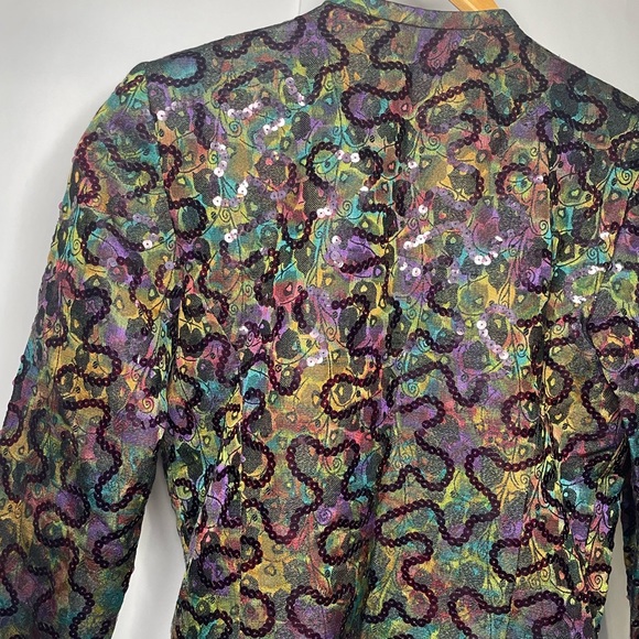 Lian Carlo Neiman Marcus Multicolor Sequin Fabric Detail Short Button Up Jacket - Picture 4 of 11